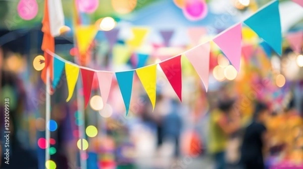 Fototapeta colorful pennant flags fluttering at a vibrant outdoor festival with bokeh lights and cheerful copyspace concept of event marketing, brand promotion
