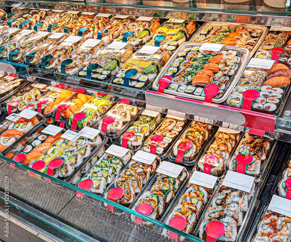 Fototapeta Sushi in a refrigerated display case in a sushi store, a variety of rolls, nigiri and sashimi with fresh salmon, avocado, shrimp and other ingredients, Japanese cuisine, perfect for takeaway or on-the