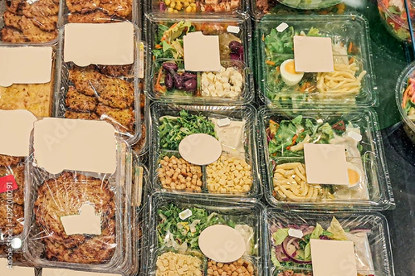 Fototapeta variety of prepackaged organic meals and salads displayed in the supermarket, packed in transparent containers, A great choice for a convenient and nutritious meal on the go