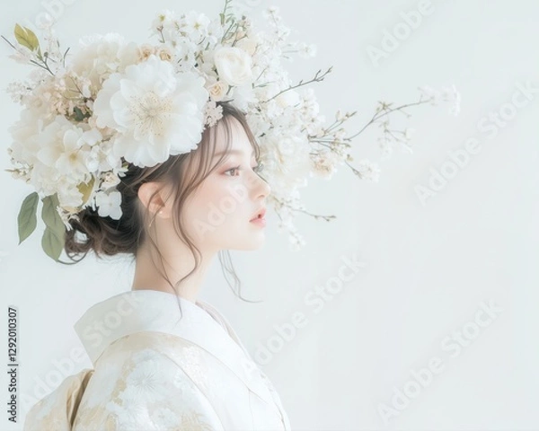 Obraz 和装と花飾りを載せた女性のポートレート