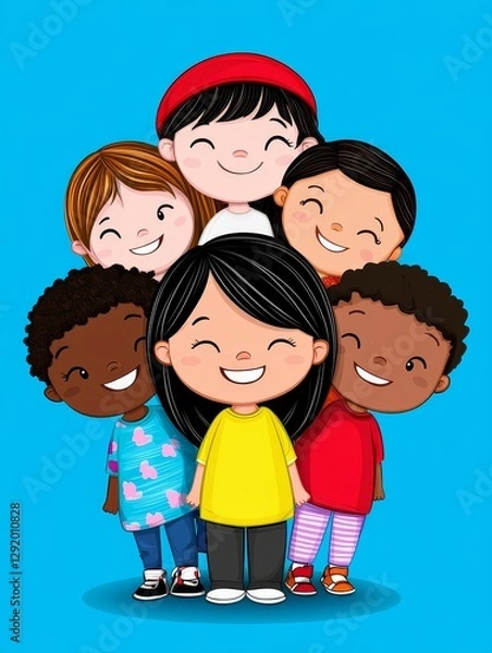 Fototapeta Happy Diverse Children Together - A group of smiling children of different ethnicities stand close together, symbolizing unity and friendship