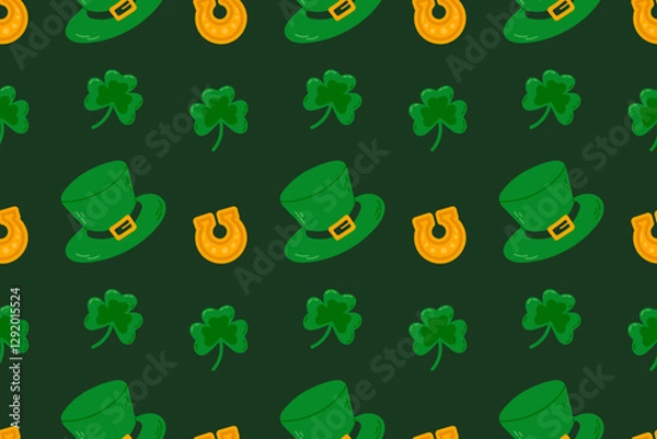 Fototapeta Seamless pattern with green leprechaun hat and clover. St. Patrick's Day background. Vector illustration.