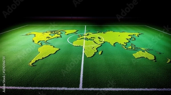 Obraz Creative world map design displayed on a vibrant football pitch designed for a global sports event