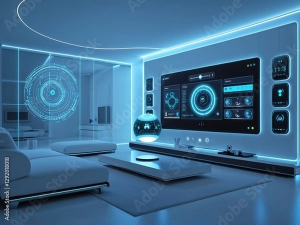 Obraz Inside a modern cyber security lab, glowing interfaces and holographic displays showcase state-of-the-art data protection tools. The sleek design emphasizes innovation and security