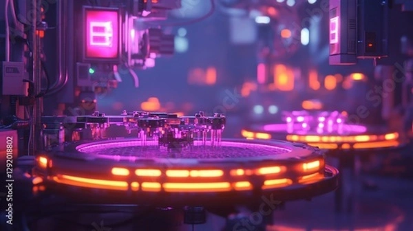 Fototapeta Neon-Lit Futuristic Factory: A Cyberpunk Production Line