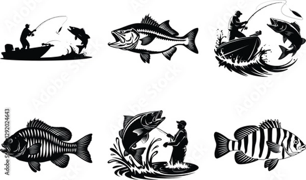 Fototapeta Set of fishing bass silhouette SVG bundle design of a fisherman fishing on a boat vector art illustration isolated on white background. 