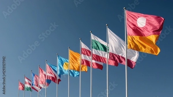 Obraz National flags waving in the bright sky. Multiple flags fluttering in wind. International relations. Possible use Stock photo for educational use