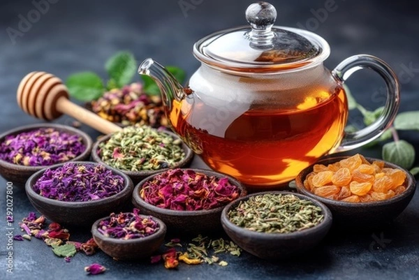 Fototapeta Teapot with dandelion root tea, dried herbs, and honey dipper