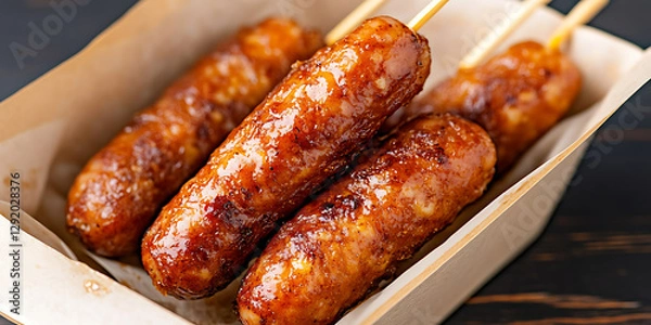 Fototapeta Grilled meat skewers, perfectly browned and presented in a wooden container, ready to be enjoyed as a tasty snack or appetizer.