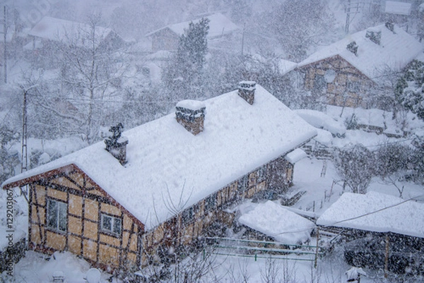 Obraz Snow-Covered Rustic Houses in Wintertime Countryside During Heavy Snowfall