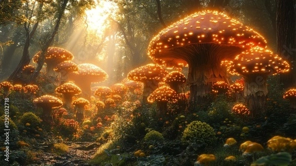 Fototapeta Radiant Glowing Mushrooms in an Enchanted Forest with Sunlight. Generative AI