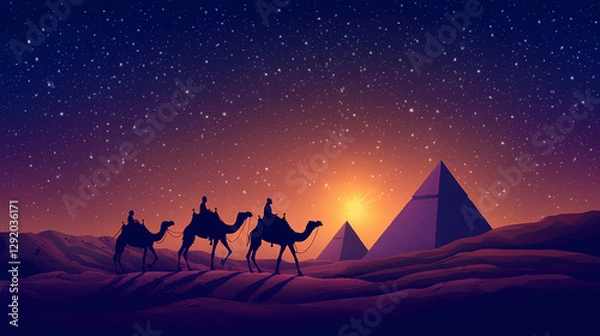 Fototapeta Silhouette of camel caravan traversing a desert landscape at sunset with pyramids in the background under a starry night sky. Desert Caravan Under Stars. Illustration