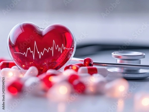 Fototapeta red heart with heartbeat surrounded by pills and stethoscope.