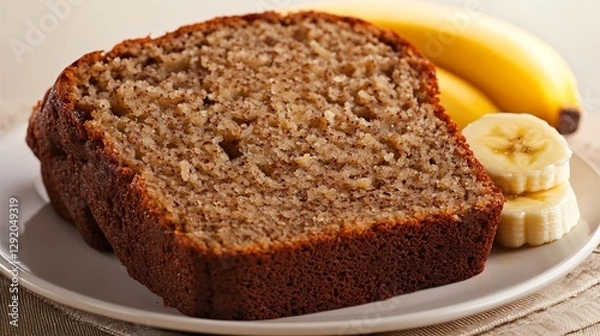 Fototapeta Slice of banana bread on plate, with banana slices and fruit in background, for dessert or snack