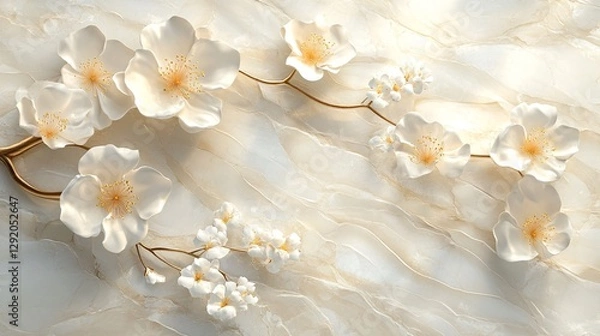 Obraz Elegant Marble Background with Delicate Flower Blossoms – Top-Down View
