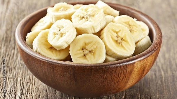 Fototapeta Sliced bananas in wooden bowl on rustic table
