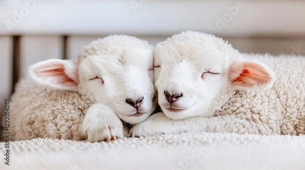 Obraz Two lambs cuddling, sleeping peacefully indoors, calm background