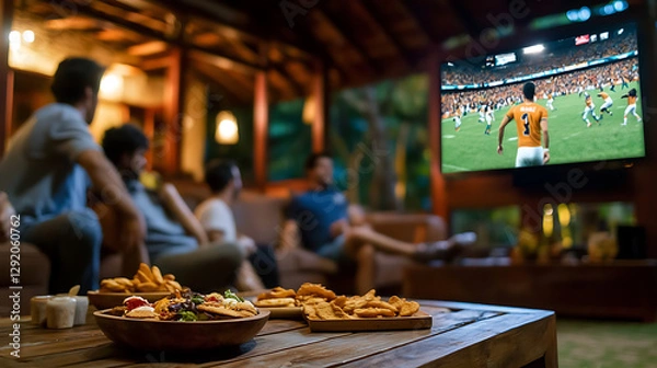Obraz A group of people are watching a football game on a TV in a living room. generated using AI