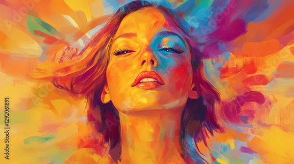 Obraz A vibrant, abstract portrait of a woman, her features melting into a kaleidoscope of colors. Abstract Kaleidoscope Portrait. Illustration