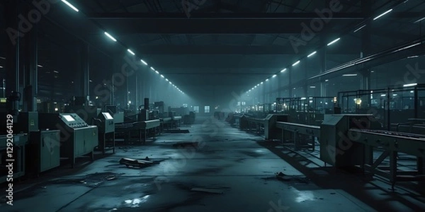 Fototapeta Factory in total darkness except for emergency lights, power outage, industrial shutdown, energy failure

