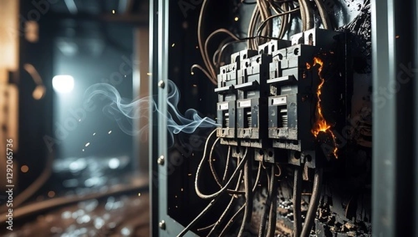 Fototapeta Overheated and burnt-out electrical panel, power surge damage, maintenance failure, electrical hazard

