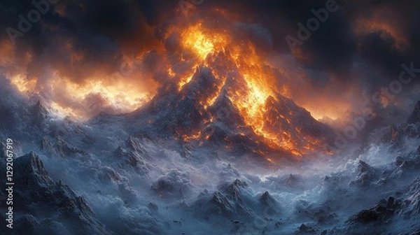 Fototapeta Volcano eruption casting fiery light and dark smoke over the mountainous terrain. Generative AI