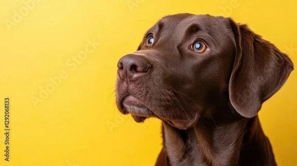 Fototapeta a chocolate Labrador Retriever looking upwards, against a bright yellow background