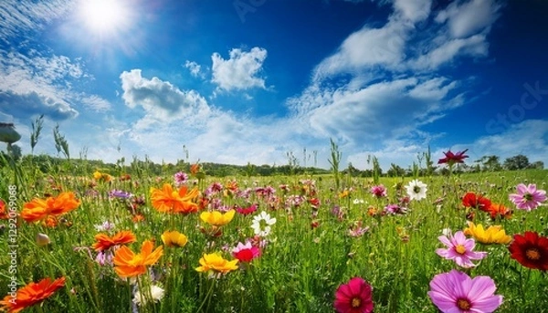 Fototapeta vibrant colorful flowers in a lush green field under a bright blue sky with fluffy clouds