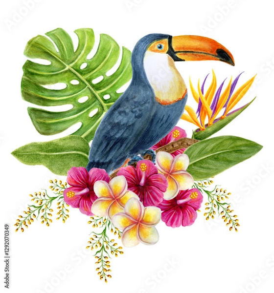 Obraz Toucan sits on branch in tropical flowers and lush greenery. Watercolor painting tropics composition consisting of  hibiscus, plumeria and green palm leaves.