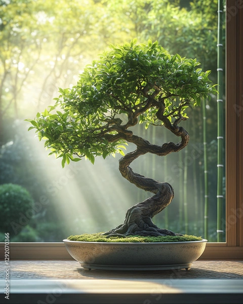 Fototapeta Photograph of a bonsai tree with a thick, gnarled trunk and delicate foliage, sitting in a ceramic pot on a windowsill.