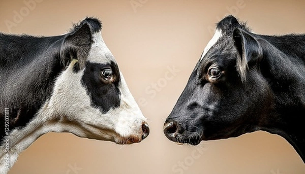 Fototapeta two black and white cow heads facing each other on a beige background