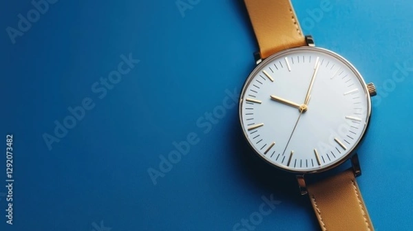 Fototapeta Elegant wristwatch with a minimalist design resting on a bright blue surface, showcasing its classic features and simplicity