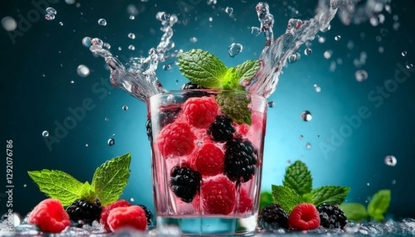 Fototapeta fresh blackberries and raspberries in vibrant drink with splashes of water and mint leaves creating refreshing and colorful scene