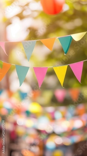 Fototapeta colorful bunting outside with bright blurred background and festive summer mood featuring pastel tones copyspace concept of event planning, celebration, marketing