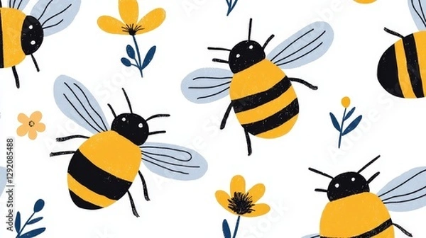 Obraz Colorful Bee Pattern with Flowers on a Light Background