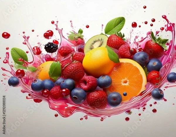 Fototapeta mix berries smooth fruit with liquid plashing of tropical fruits isolated on white background in 3d illustrations