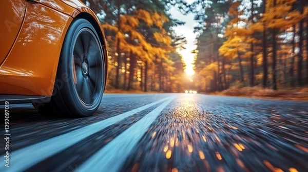 Fototapeta Motion blur of car wheel with a dynamic road view in autumn forest. Generative AI
