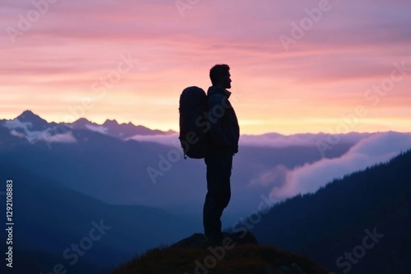 Fototapeta silhouette of a Man with backpack enjoying scenic mountain view at sunset
