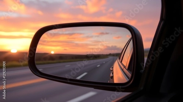 Fototapeta Close-up car side mirror, blurry road and sunset