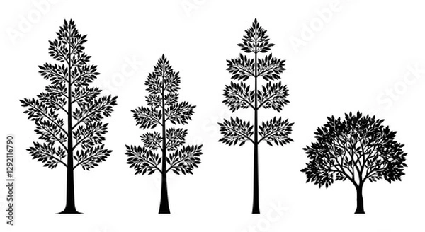 Fototapeta A collection of stylized black tree silhouettes showcasing various shapes and sizes, ideal for nature-themed designs or illustrations.