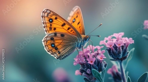 Fototapeta A Butterfly Delicately Perched on Purple Flowers Against a Blurred Background. Generative AI