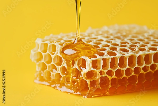 Fototapeta Golden Nectar: A close-up shot of golden honey pouring over a fresh honeycomb, the perfect representation of nature's sweet gift.
