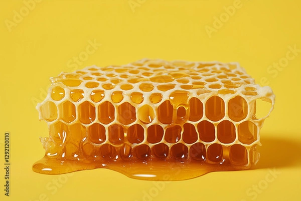 Fototapeta Honeycomb's Golden Delight: A close-up shot of a honeycomb, oozing with golden honey against a vibrant yellow backdrop, evoking the sweetness of nature.