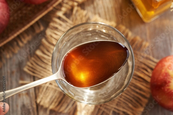 Fototapeta Apple cider vinegar on a spoon above a glass of water
