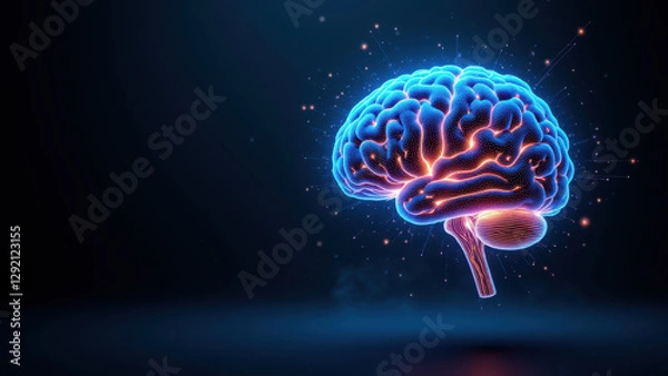 Fototapeta Illustration of an artificial brain with neuron lights against a dark background.