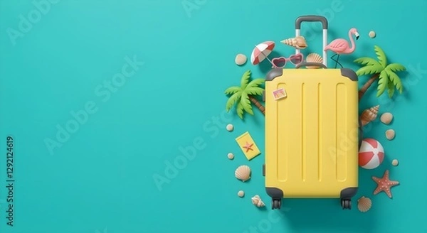 Fototapeta A vibrant yellow suitcase surrounded by tropical elements, including palm trees, seashells, and beach accessories, evoking a fun travel vibe.