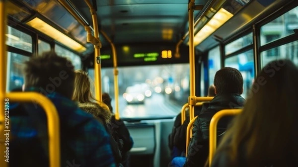Fototapeta People in bus vector posters set. City public ptransport interior, sitting and standing passengers. People commute by bus