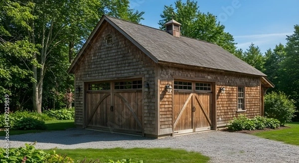 Fototapeta A rustic wooden garage surrounded by lush greenery, featuring a gravel path and a charming sloped roof under a clear blue sky.