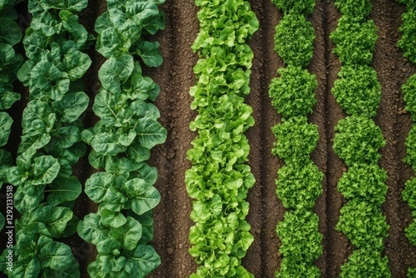 Obraz Aerial View of Organic Lettuce and Chard Rows
