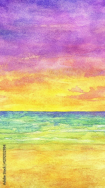 Fototapeta Vibrant watercolor painting of a sunset over a tranquil beach with colorful sky and ocean